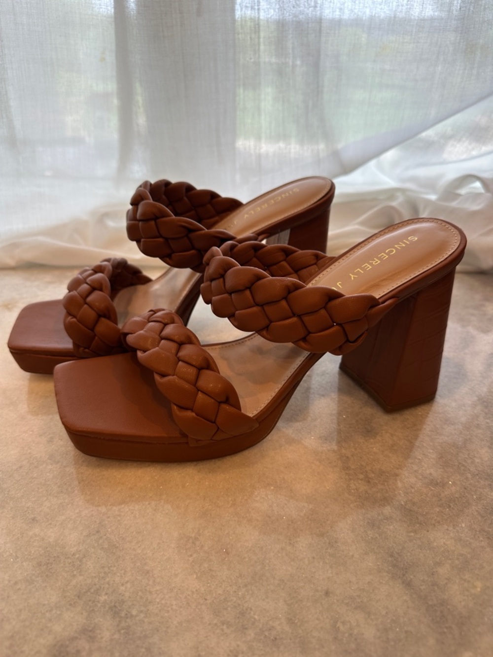 Sincerely Jules Braided Block Heel Sandals in Cognac Brown